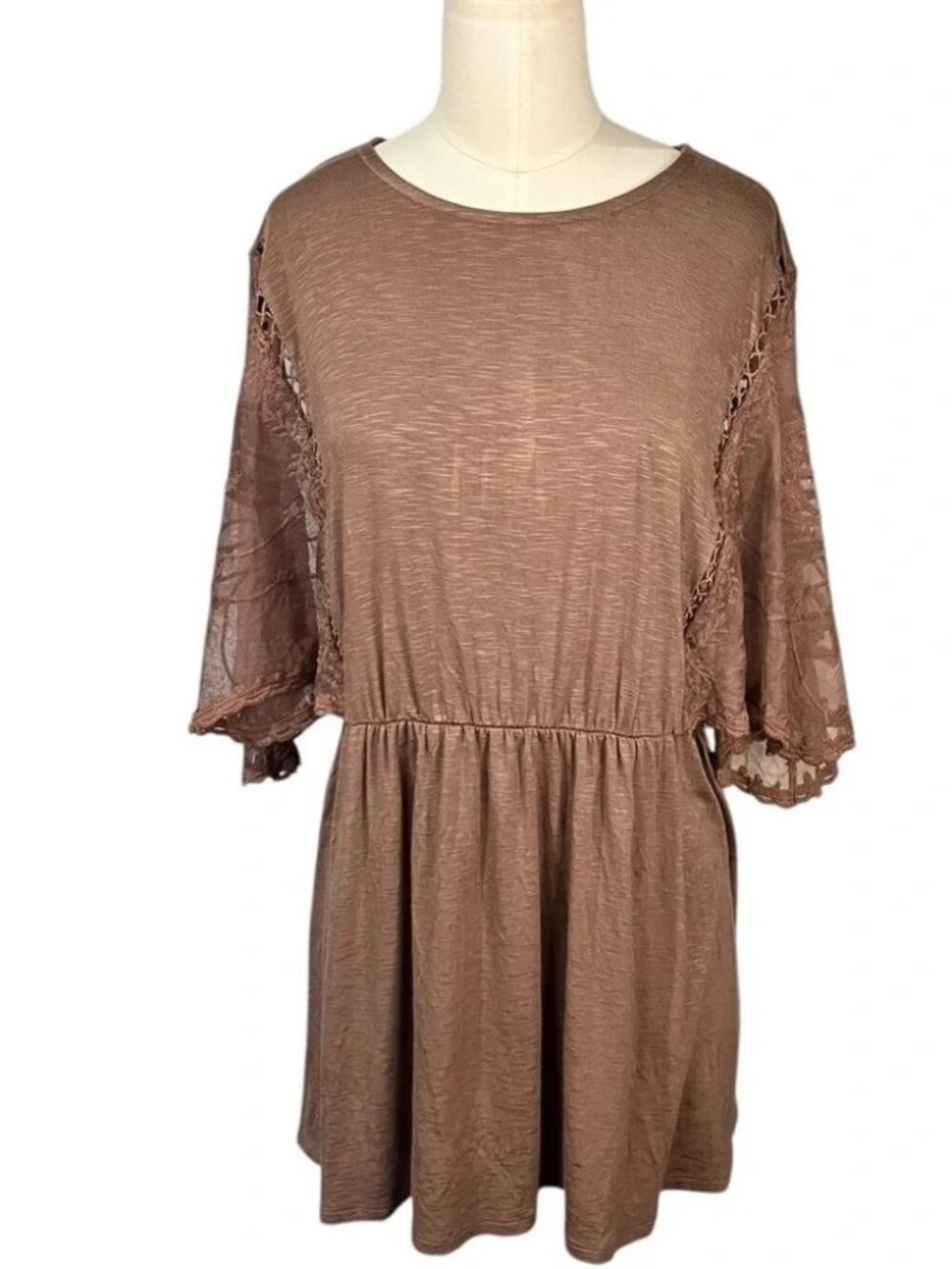 Torrid Knit Crew Neck Lace Dolman Sleeve Babydoll Top Brown 2 2X 18 20 -NWT - Picture 3 of 7